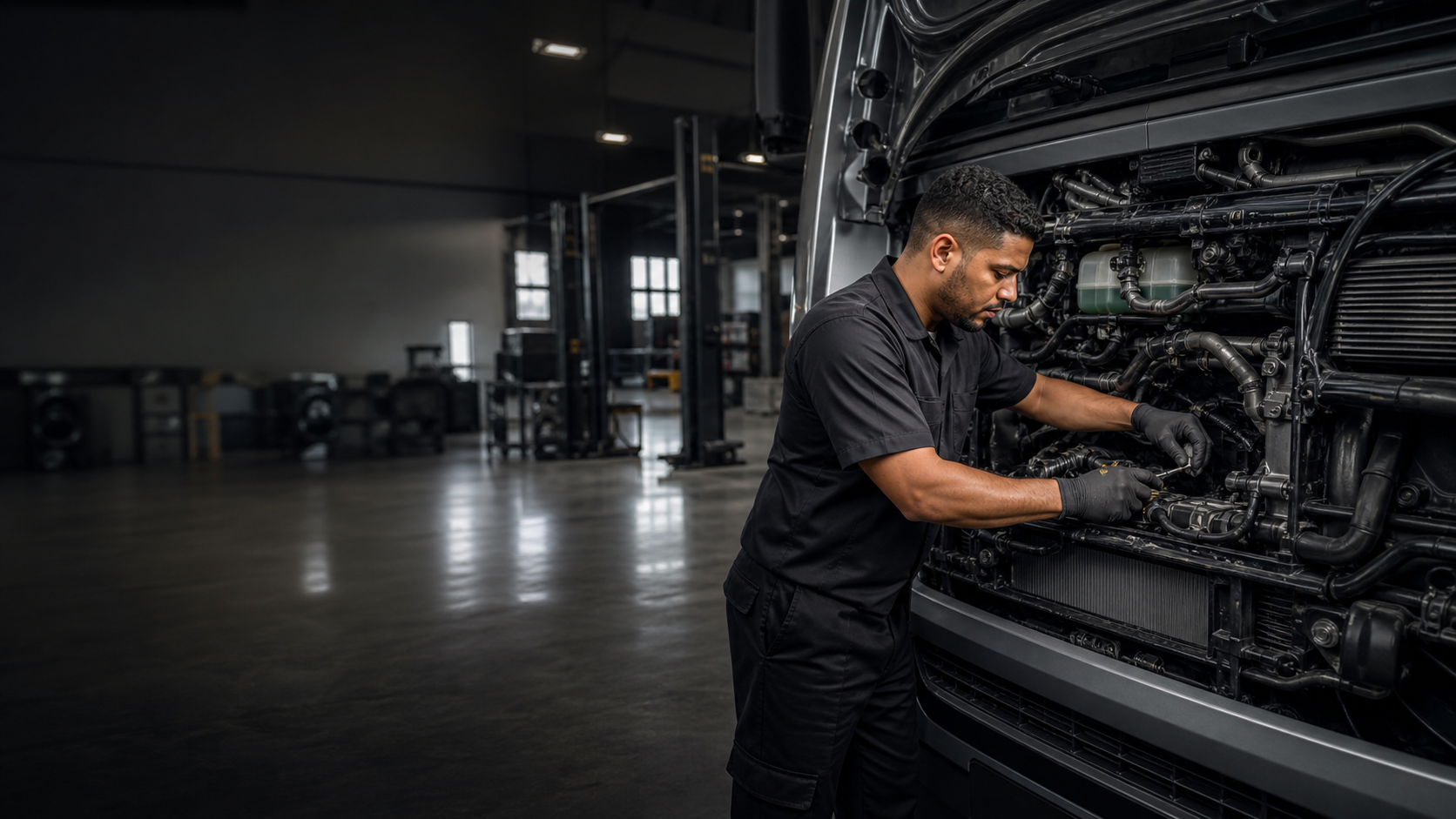 Mecânico realizando manutenção no motor de um caminhão